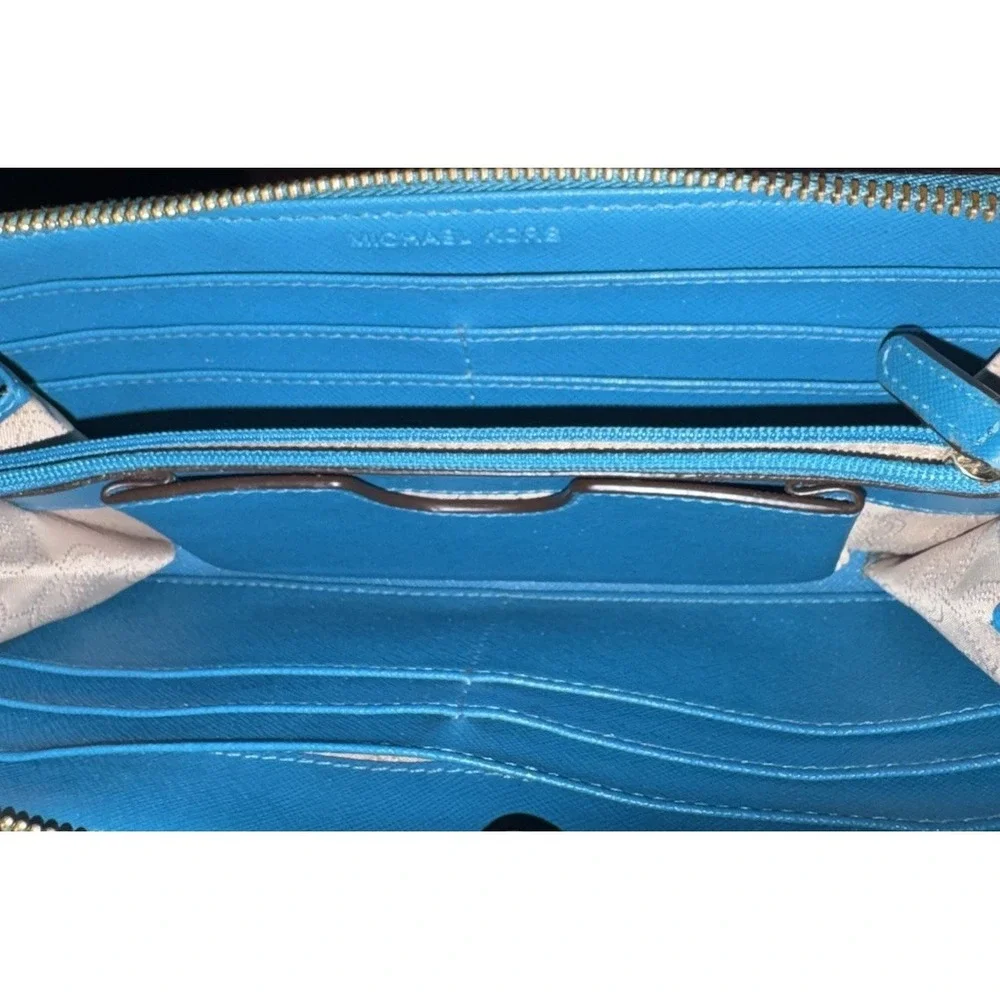 Michael Kors‎ Continental Zip Around Wallet Teal Saffiano Leather